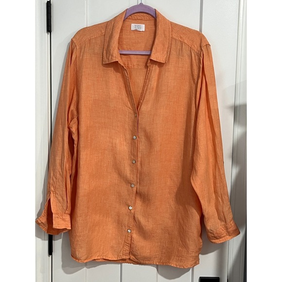 Sigrid Olsen Tops - Sigrid Olsen 100% Linen Coral Button Up Shirt XL Roll Tab Sleeve Lagenlook Money